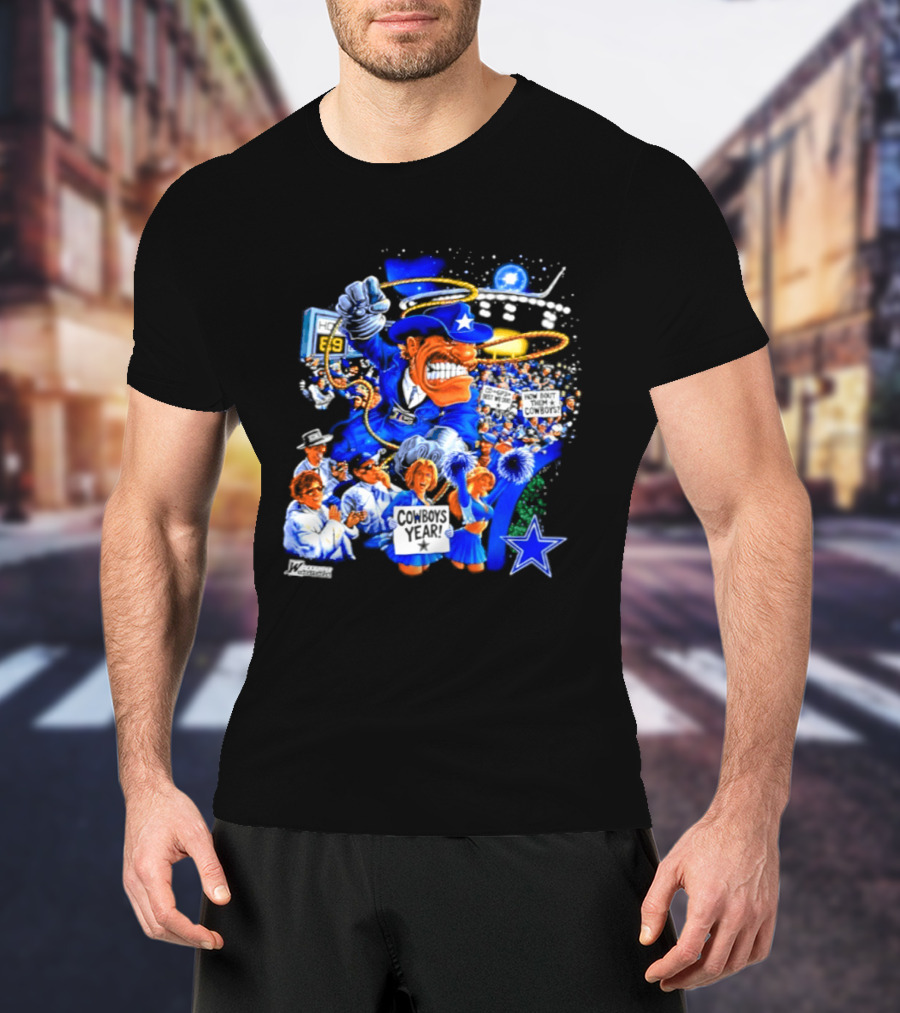 Dallas Cowboys Rowdy Mascot With Star And Cheerleaders Retro Cartoon T-Shirt