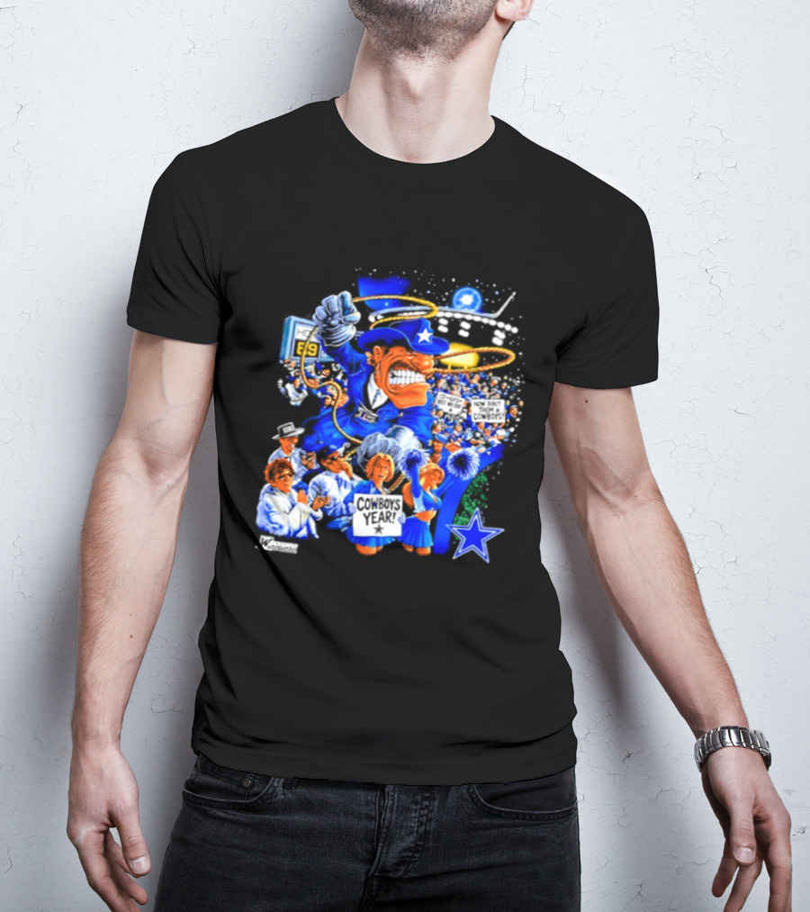 Dallas Cowboys Rowdy Mascot With Star And Cheerleaders Retro Cartoon T-Shirt