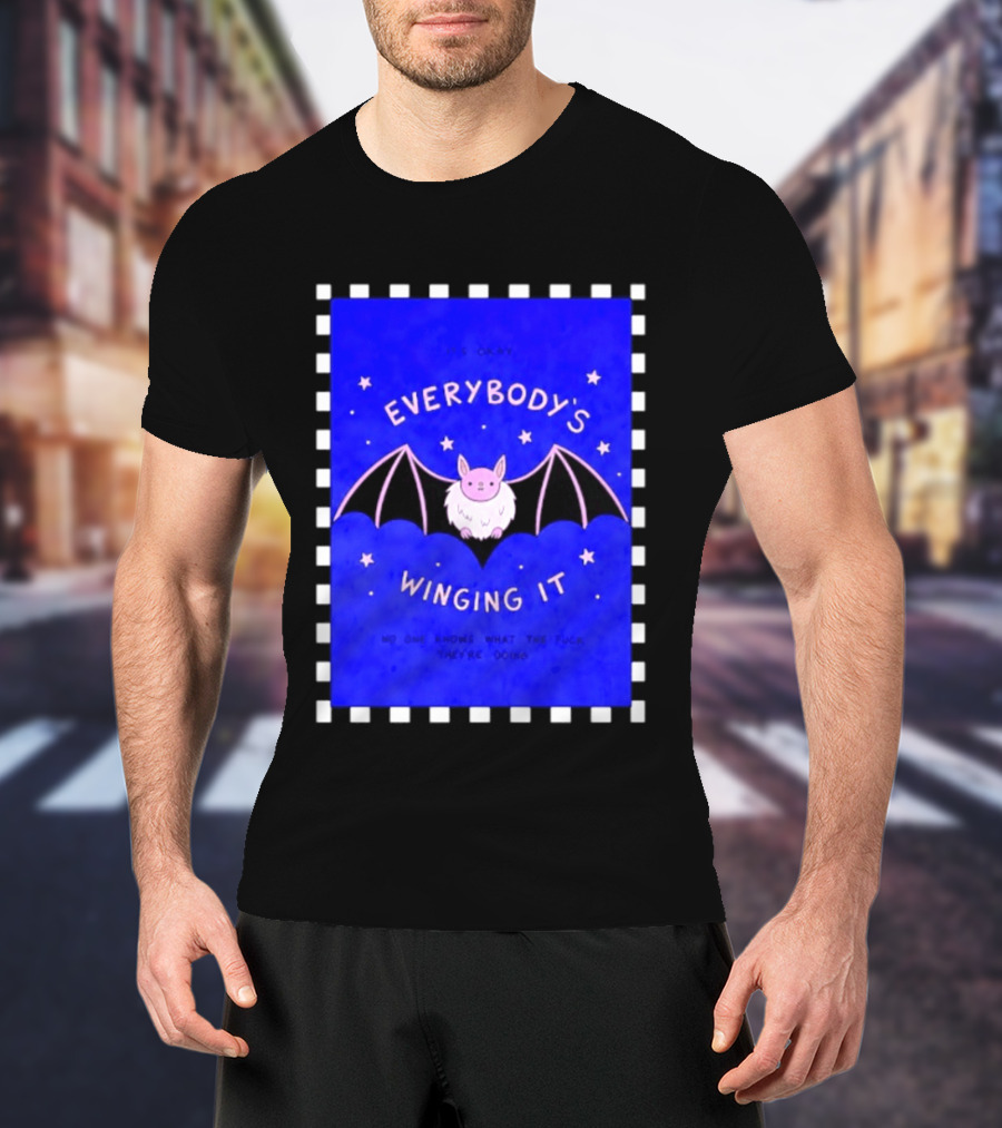 It's Okay Everybody's Winging It No One Knows What They're Doing Pink Bat With Stars T-Shirt