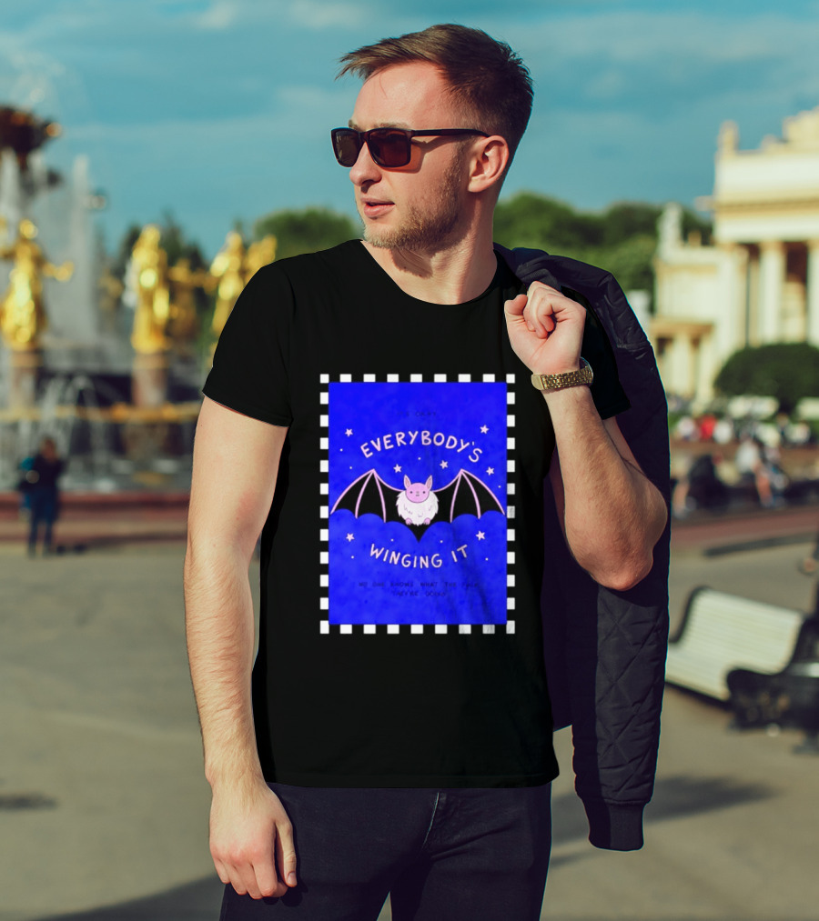 It's Okay Everybody's Winging It No One Knows What They're Doing Pink Bat With Stars T-Shirt