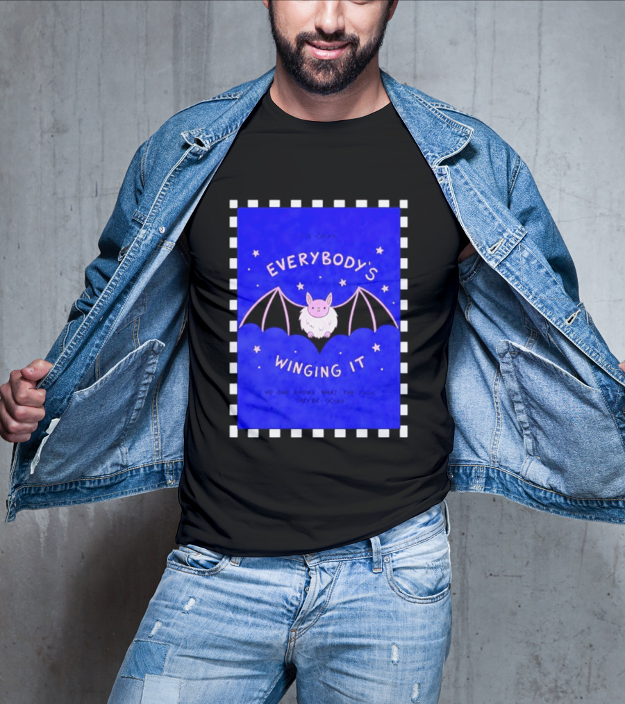 It's Okay Everybody's Winging It No One Knows What They're Doing Pink Bat With Stars T-Shirt