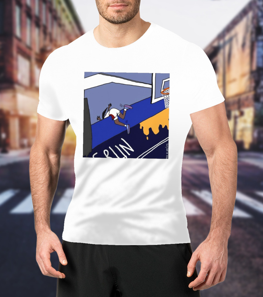 Basketball Player Diving Off Court Cartoon NBA Fan Art By Reuben Armstrong T-Shirt