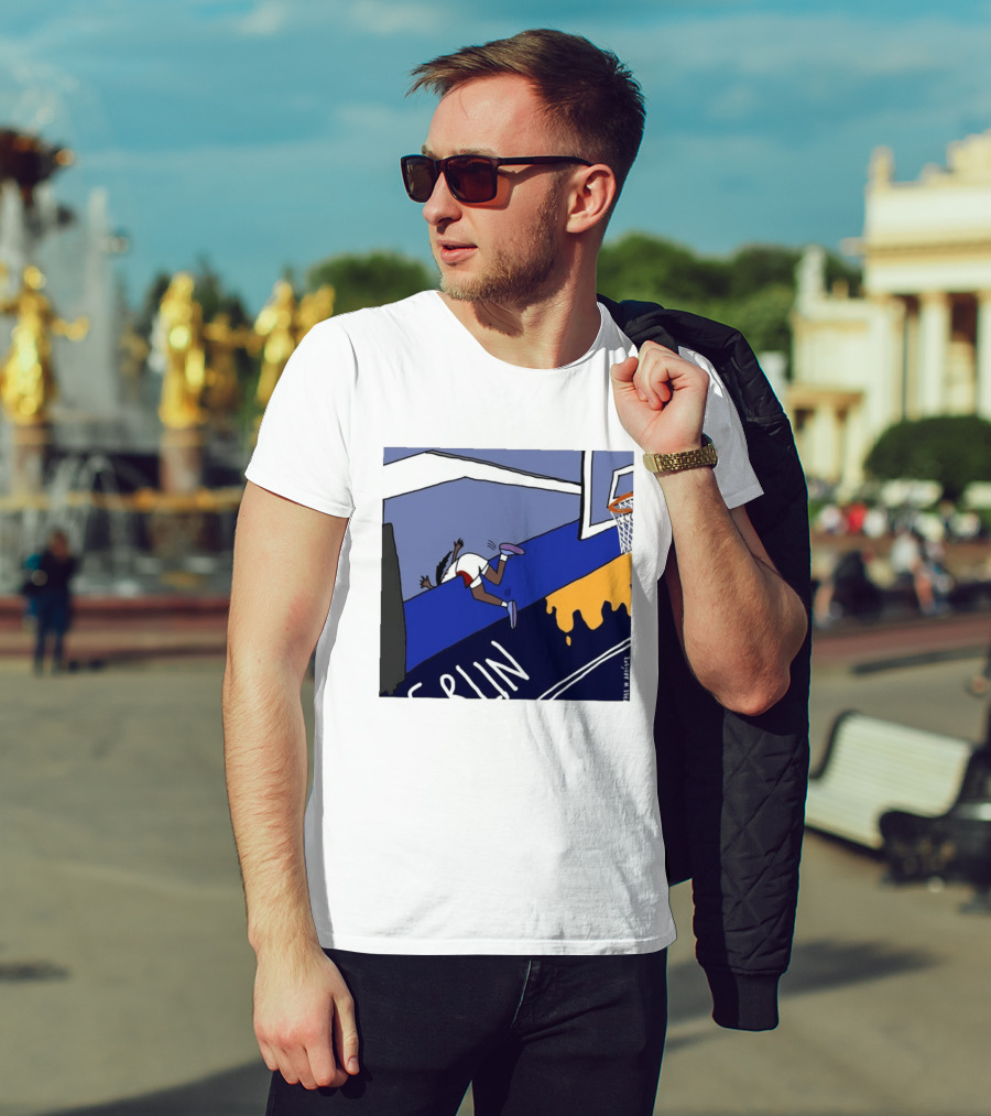 Basketball Player Diving Off Court Cartoon NBA Fan Art By Reuben Armstrong T-Shirt