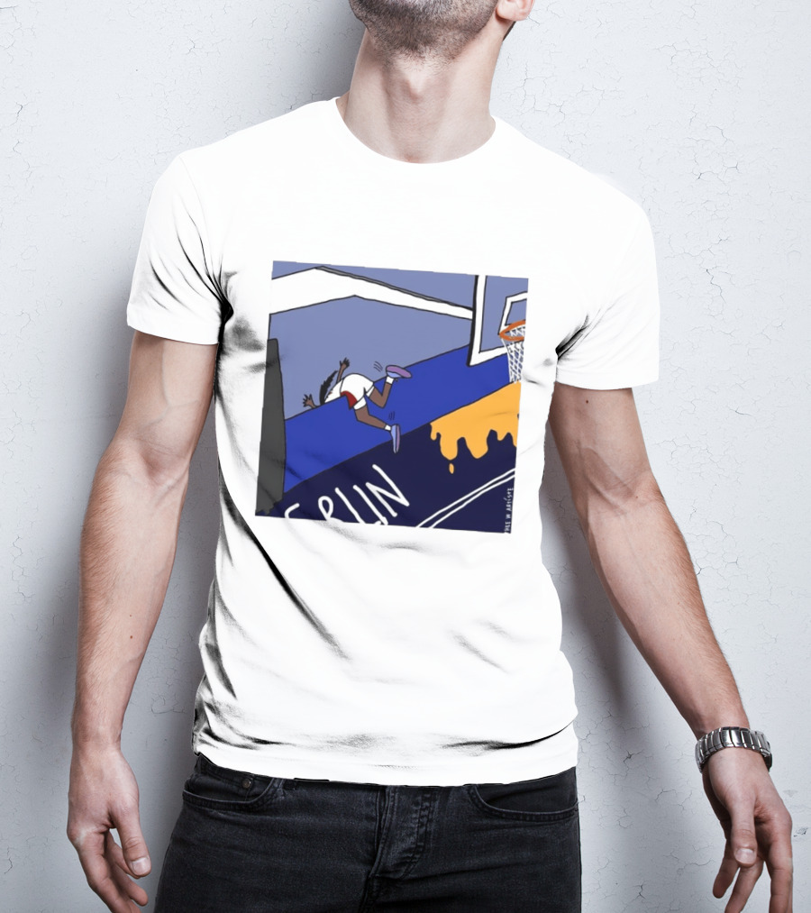 Basketball Player Diving Off Court Cartoon NBA Fan Art By Reuben Armstrong T-Shirt