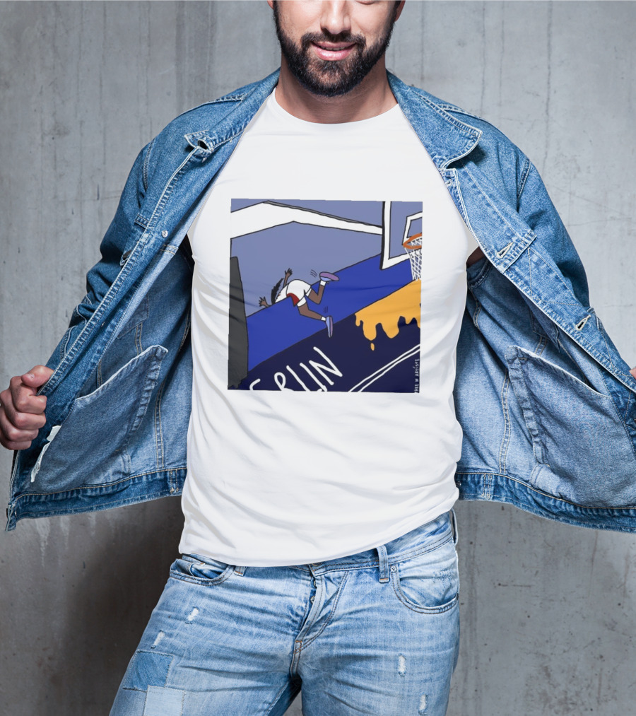 Basketball Player Diving Off Court Cartoon NBA Fan Art By Reuben Armstrong T-Shirt