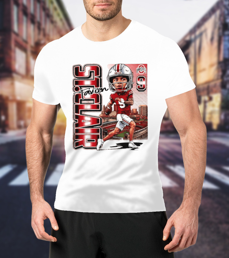 Tavien St. Clair 9 Ohio State Buckeyes Player Caricature With Ohio Stadium T-Shirt