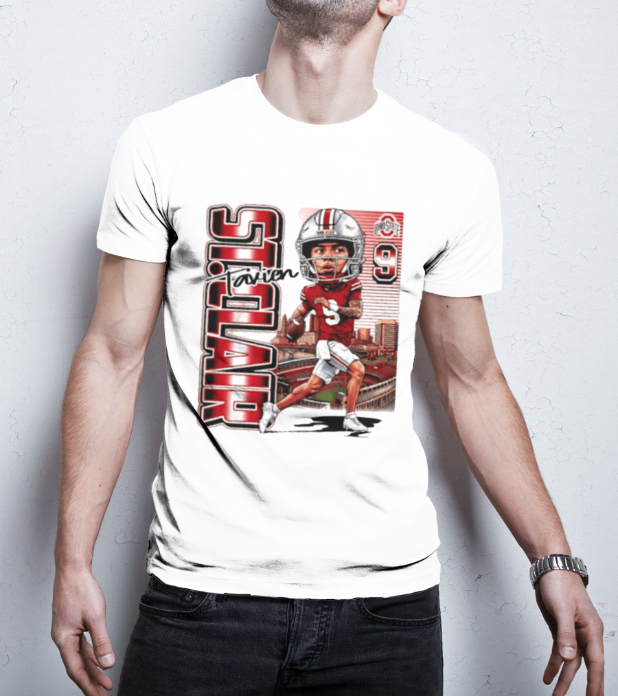 Tavien St. Clair 9 Ohio State Buckeyes Player Caricature With Ohio Stadium T-Shirt