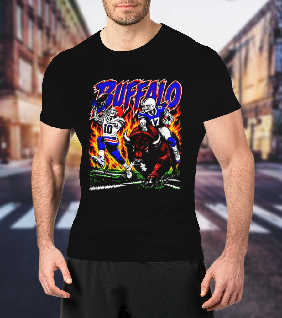 Buffalo Bills Flaming Skeleton Football Players Number 10 And 17 T-Shirt