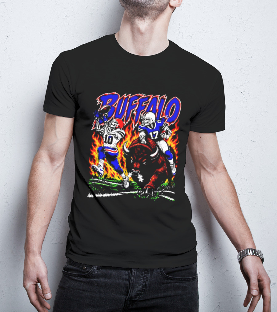 Buffalo Bills Flaming Skeleton Football Players Number 10 And 17 T-Shirt