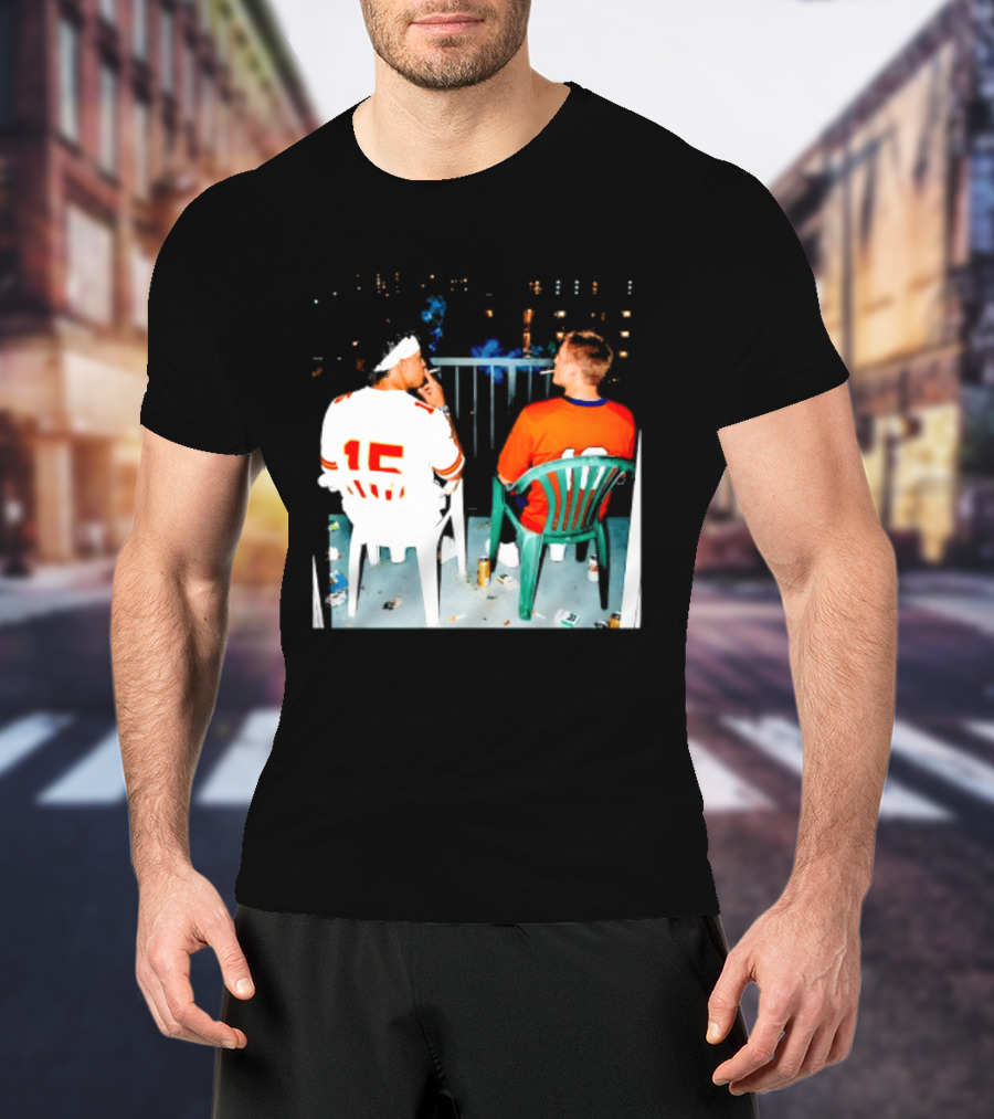 Patrick Mahomes Kansas City Chiefs And Bo Nix Denver Broncos Smoking Behind Skyline T-Shirt