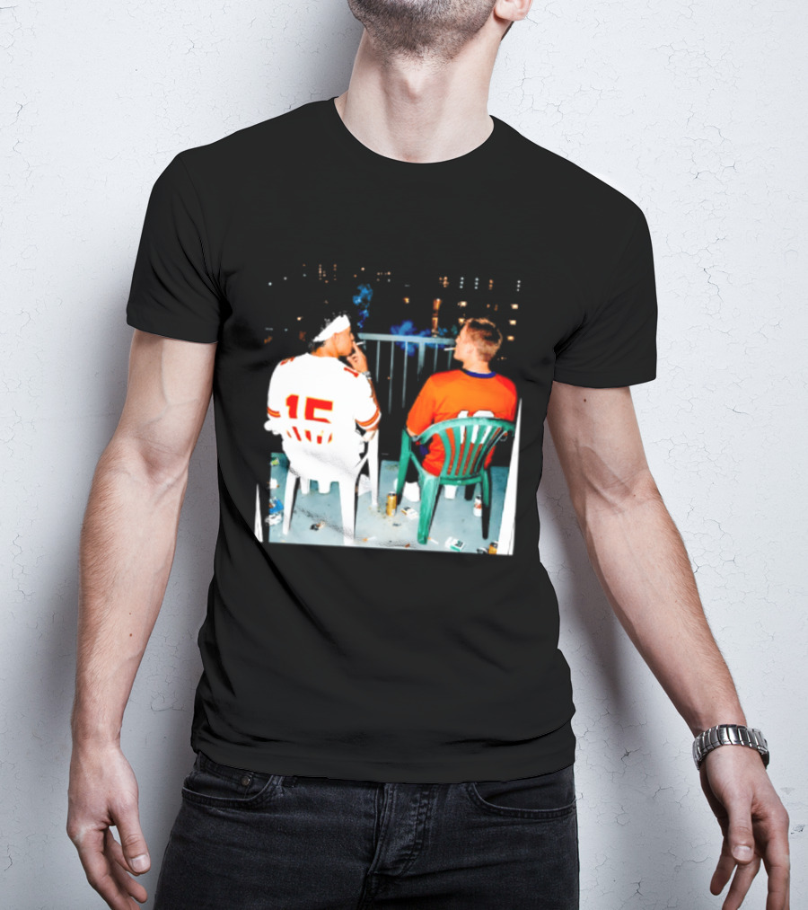Patrick Mahomes Kansas City Chiefs And Bo Nix Denver Broncos Smoking Behind Skyline T-Shirt