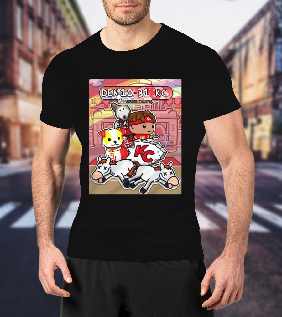 CornDoggy Sports DEN 10 31 KC Denver Broncos Vs Kansas City Chiefs Cartoon Characters And Dogs With Football T-Shirt