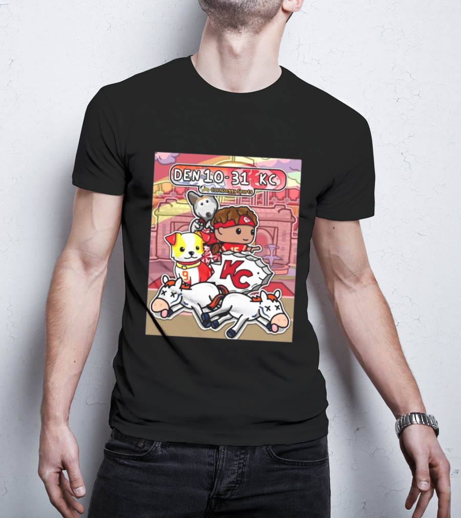 CornDoggy Sports DEN 10 31 KC Denver Broncos Vs Kansas City Chiefs Cartoon Characters And Dogs With Football T-Shirt