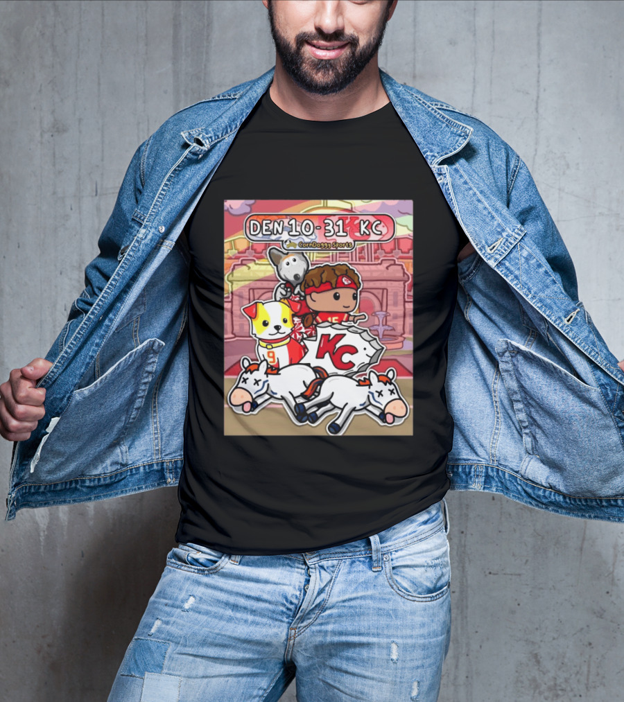 CornDoggy Sports DEN 10 31 KC Denver Broncos Vs Kansas City Chiefs Cartoon Characters And Dogs With Football T-Shirt