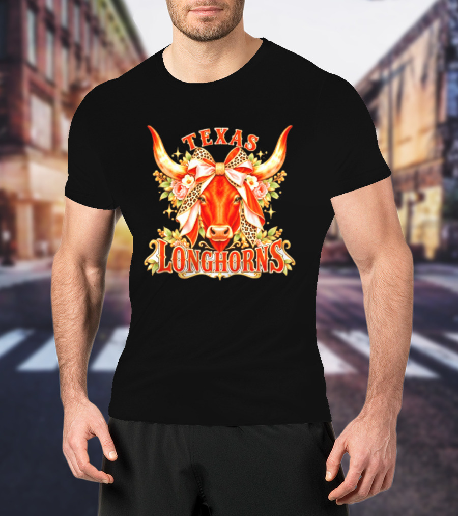 Texas Longhorns Floral Leopard Bow Cow T-Shirt
