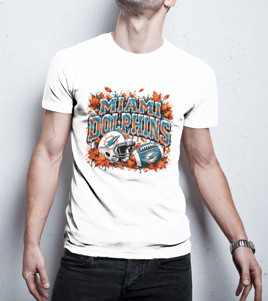 Miami Dolphins Football Helmet Autumn Leaves Halloween 2026 T-Shirt