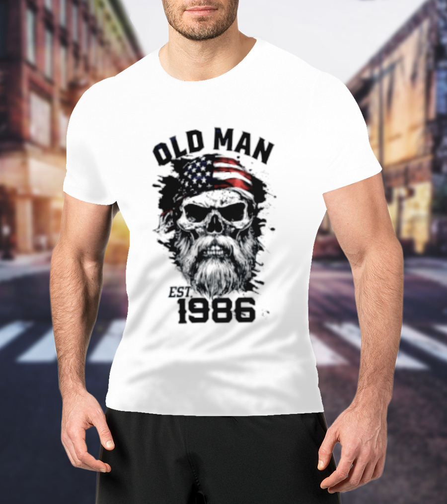 Old Man Est 1986 Skull American Flag Bandana T-Shirt
