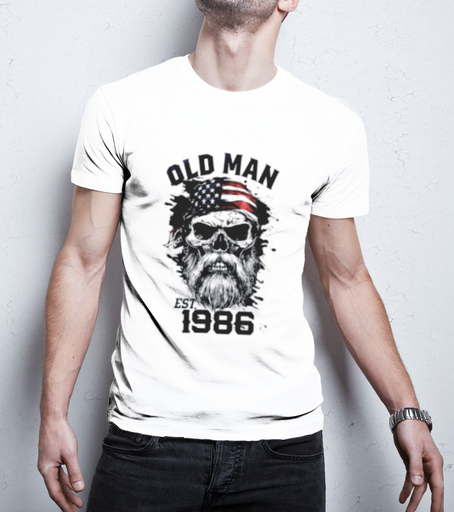 Old Man Est 1986 Skull American Flag Bandana T-Shirt