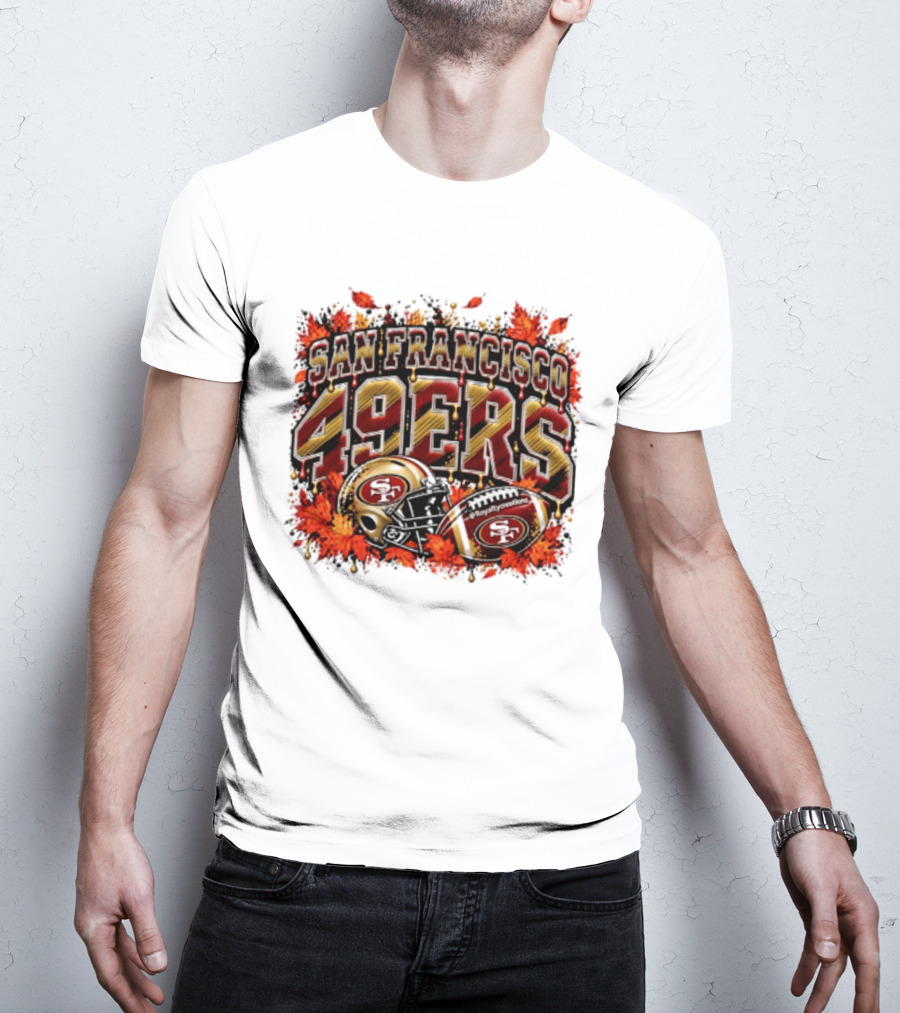 San Francisco 49ers Helmet And Football Autumn Leaves 2026 T-Shirt