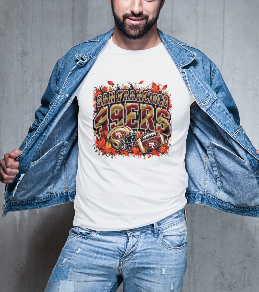 San Francisco 49ers Helmet And Football Autumn Leaves 2026 T-Shirt