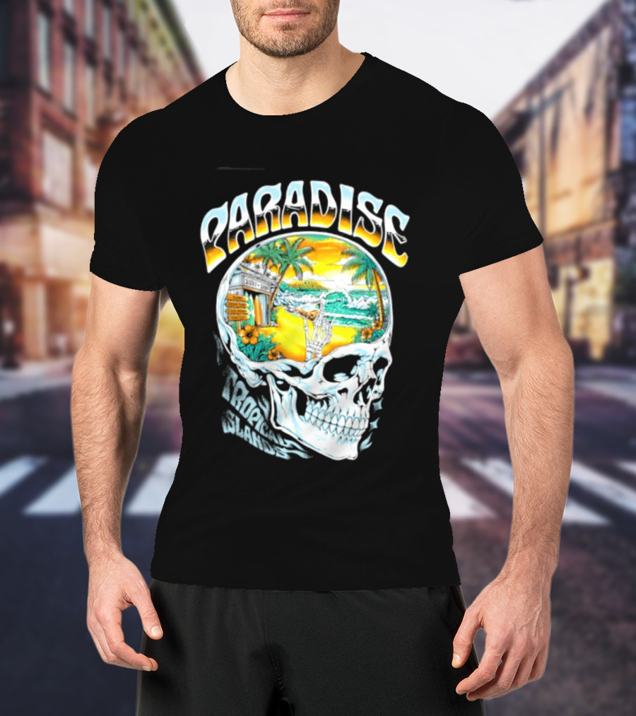 Paradise Tropical Island Skull Surf Shop Beach Scene T-Shirt