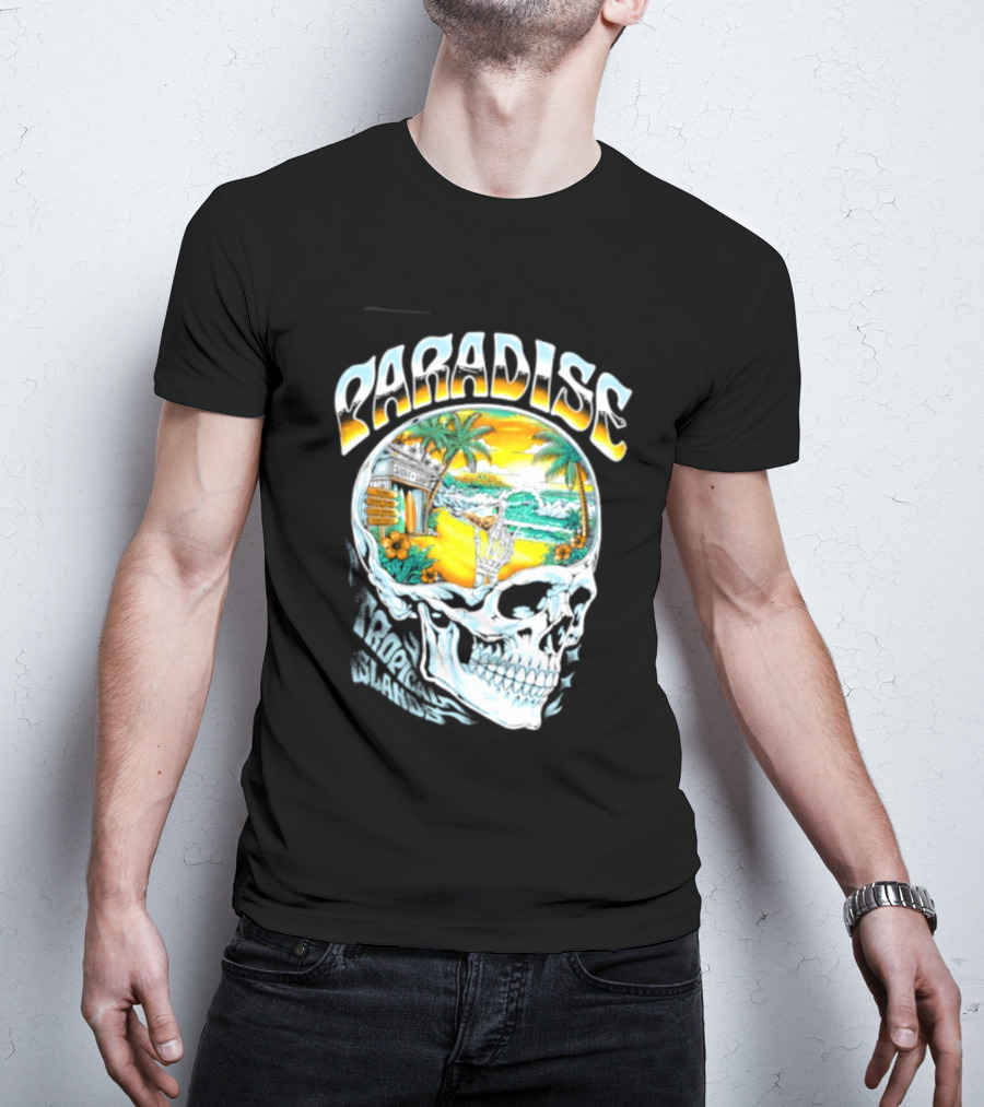 Paradise Tropical Island Skull Surf Shop Beach Scene T-Shirt
