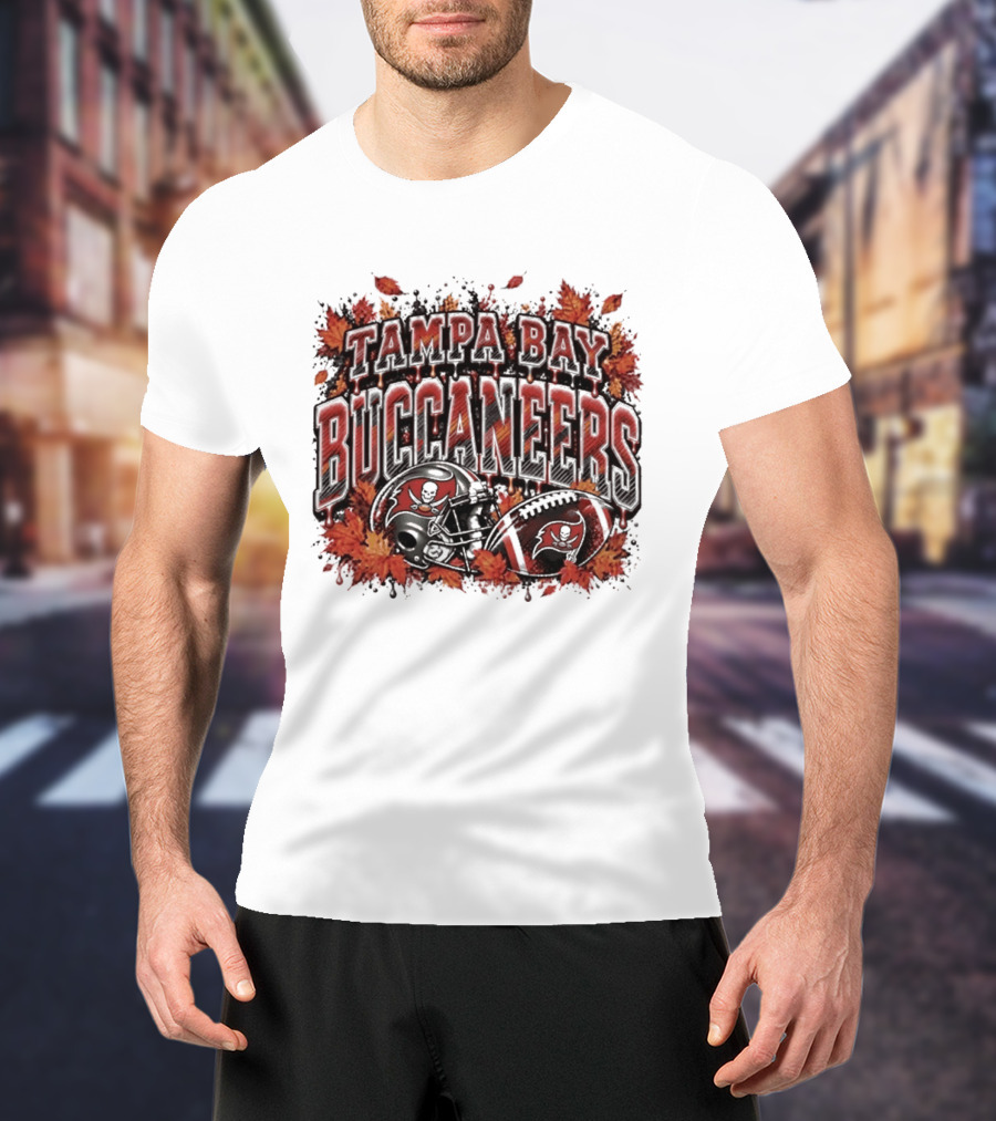 Tampa Bay Buccaneers Helmet And Football With Autumn Leaves Halloween 2026 T-Shirt