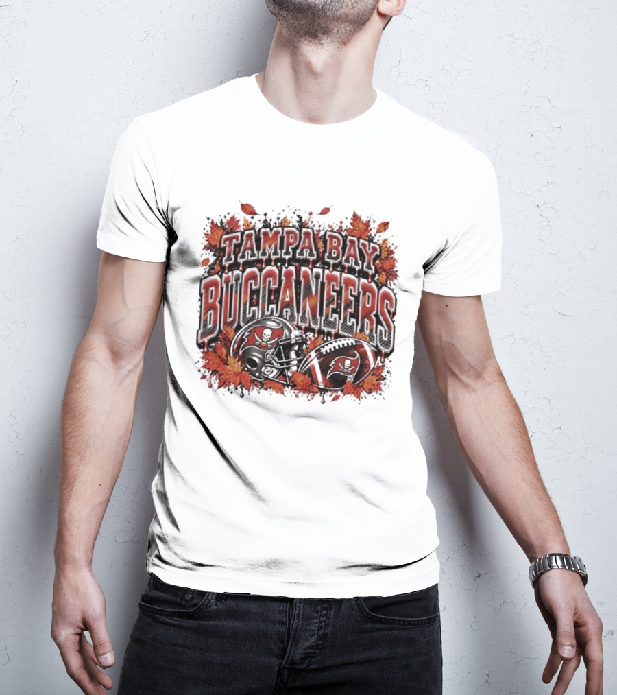 Tampa Bay Buccaneers Helmet And Football With Autumn Leaves Halloween 2026 T-Shirt