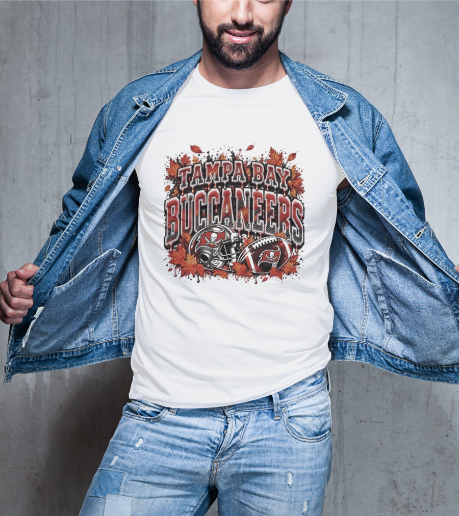 Tampa Bay Buccaneers Helmet And Football With Autumn Leaves Halloween 2026 T-Shirt