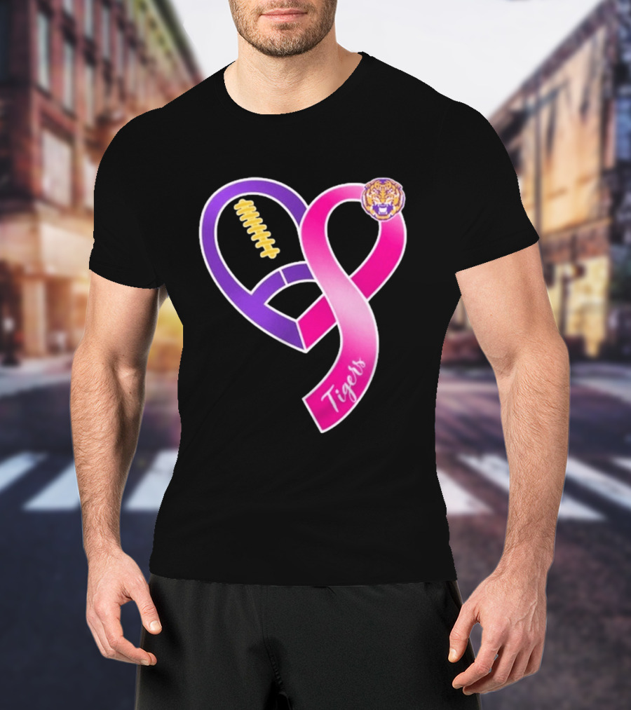 LSU Tigers Breast Cancer Awareness 2026 Heart Ribbon Football T-Shirt