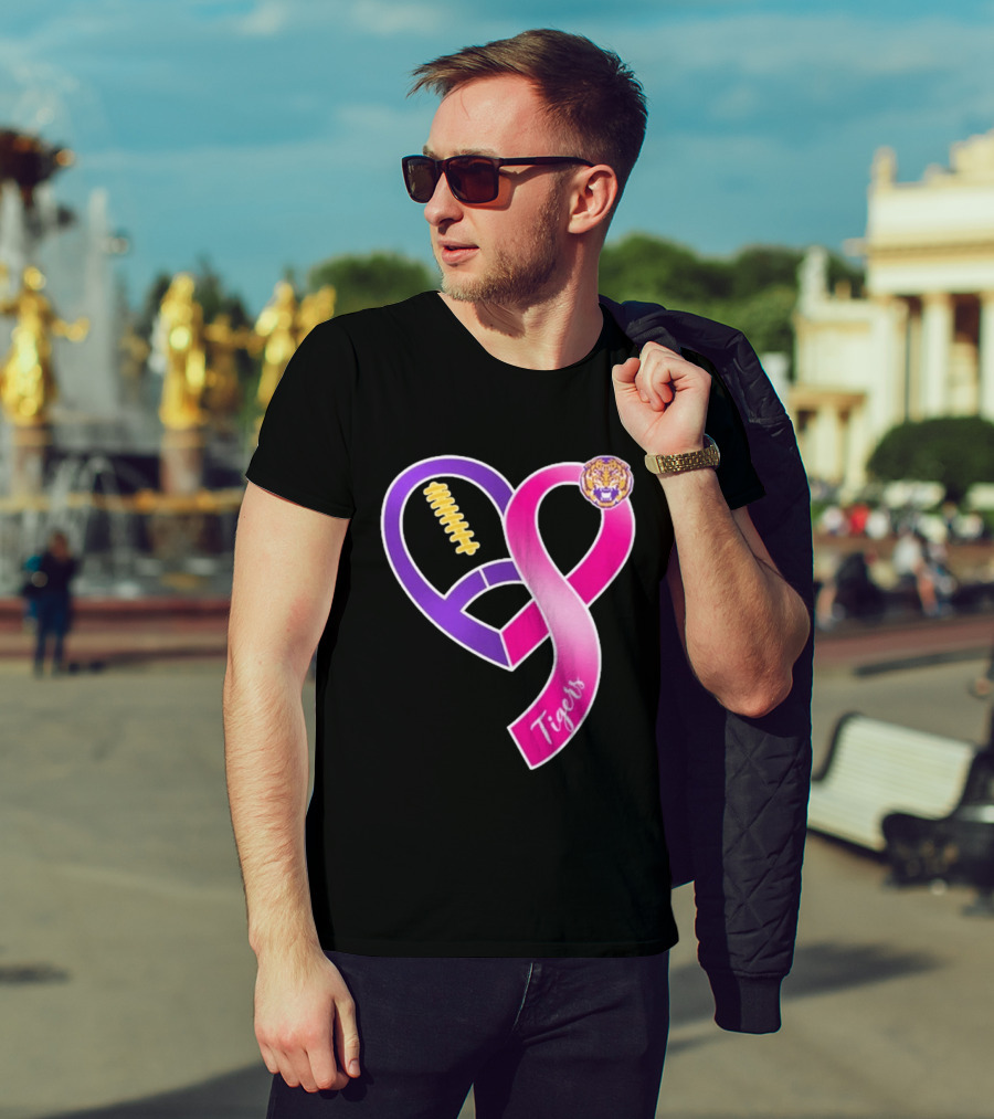 LSU Tigers Breast Cancer Awareness 2026 Heart Ribbon Football T-Shirt