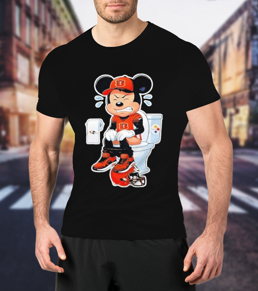 Mickey Cincinnati Bengals Mascot On Toilet Rival Baltimore Ravens Steelers Football Helmet T-Shirt