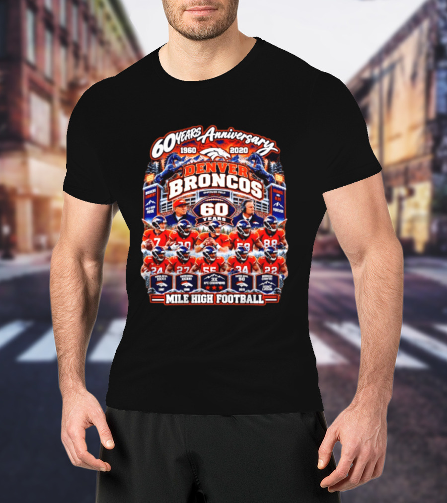 Denver Broncos 60 Years Anniversary 1960 2020 Mile High Football Champions Iconic Moments T-Shirt