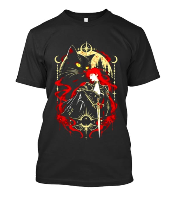 Gothic Red Haired Woman Black Cat Sword Magical T-Shirt