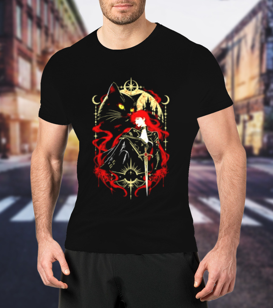 Gothic Red Haired Woman Black Cat Sword Magical T-Shirt