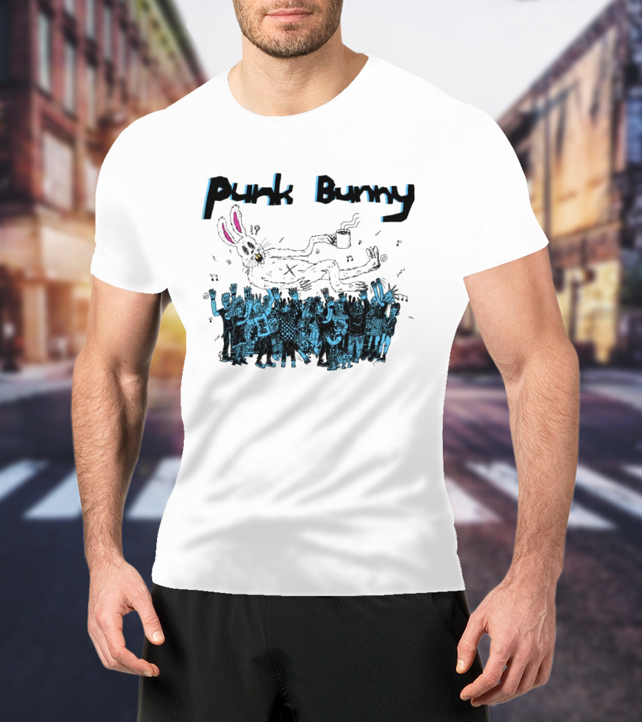 Punk Bunny Coffee Cup Crowd Green Day Style White T-Shirt