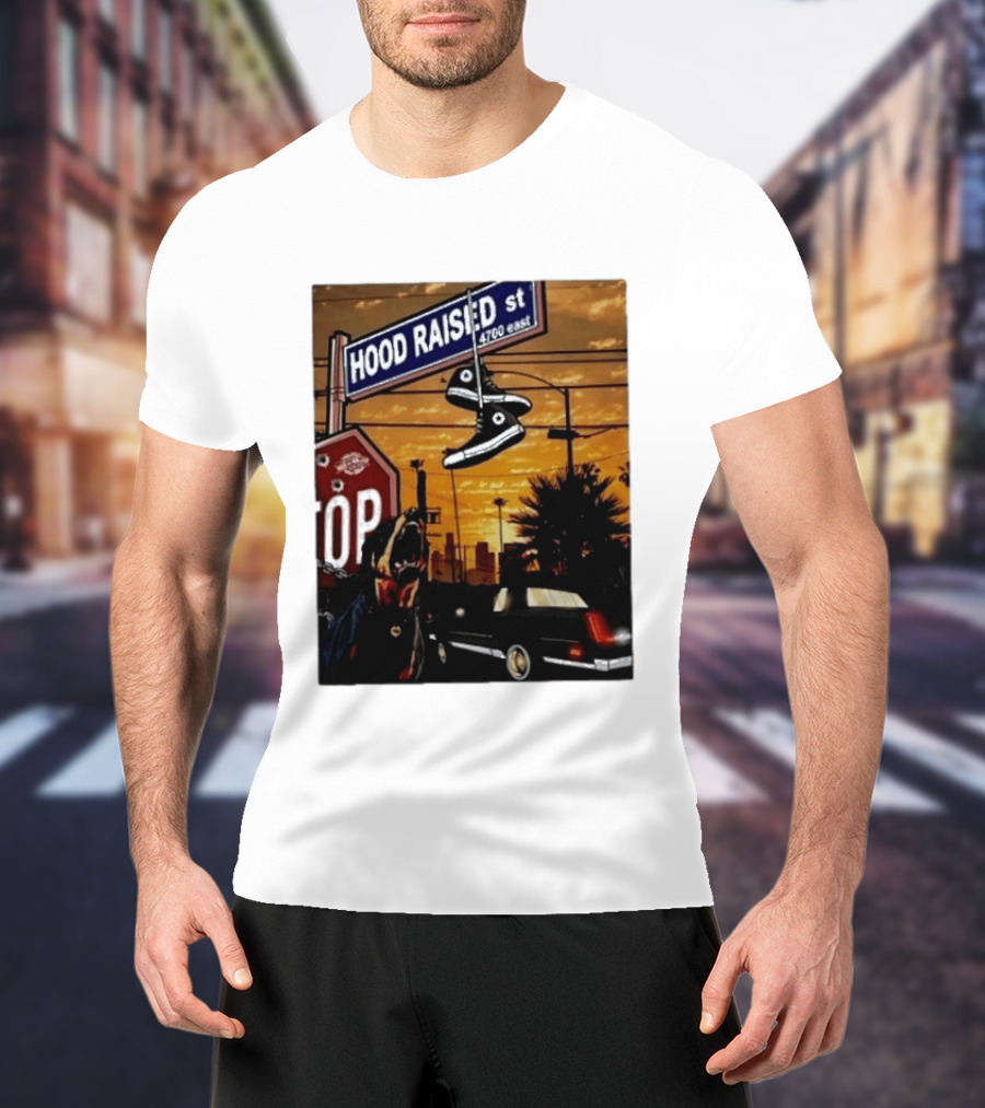 Hood Raised Street 4700 East Rottweiler Lowrider Sneakers And Sunset Urban Scene T-Shirt