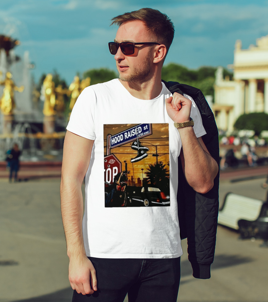 Hood Raised Street 4700 East Rottweiler Lowrider Sneakers And Sunset Urban Scene T-Shirt