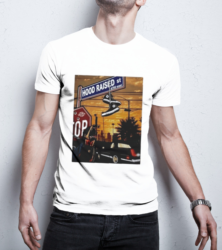 Hood Raised Street 4700 East Rottweiler Lowrider Sneakers And Sunset Urban Scene T-Shirt