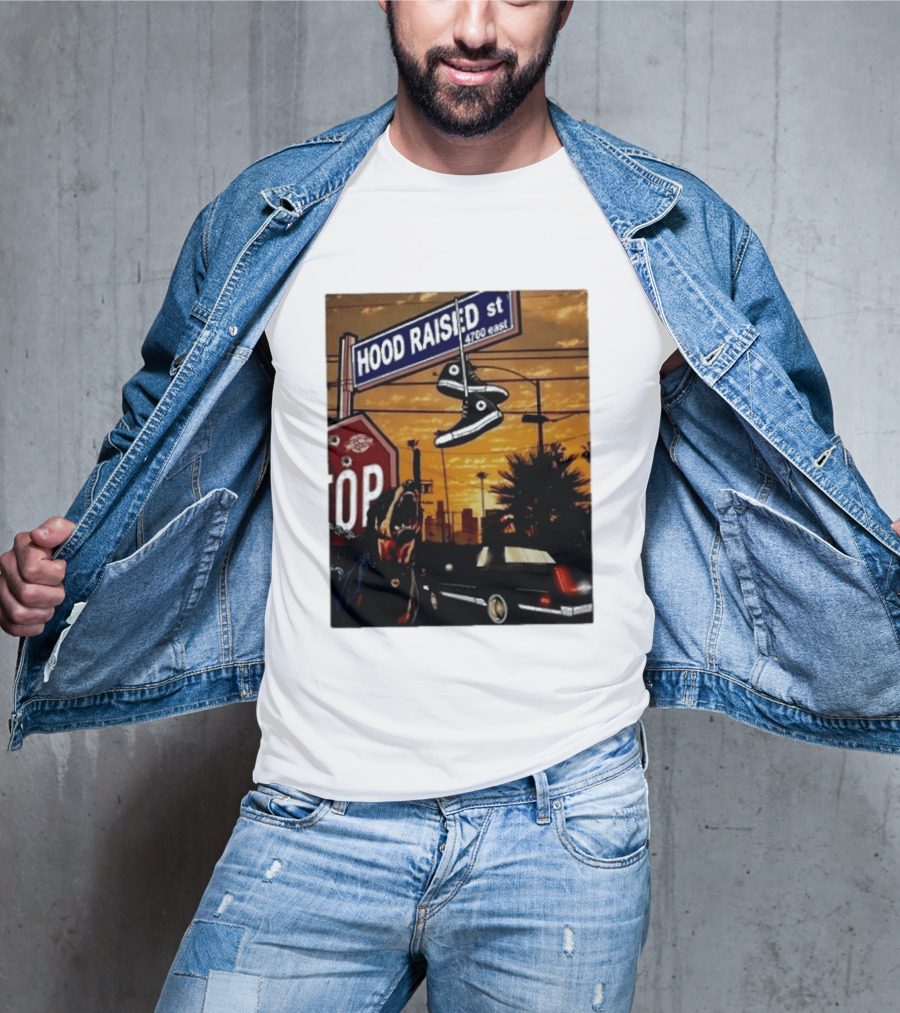 Hood Raised Street 4700 East Rottweiler Lowrider Sneakers And Sunset Urban Scene T-Shirt