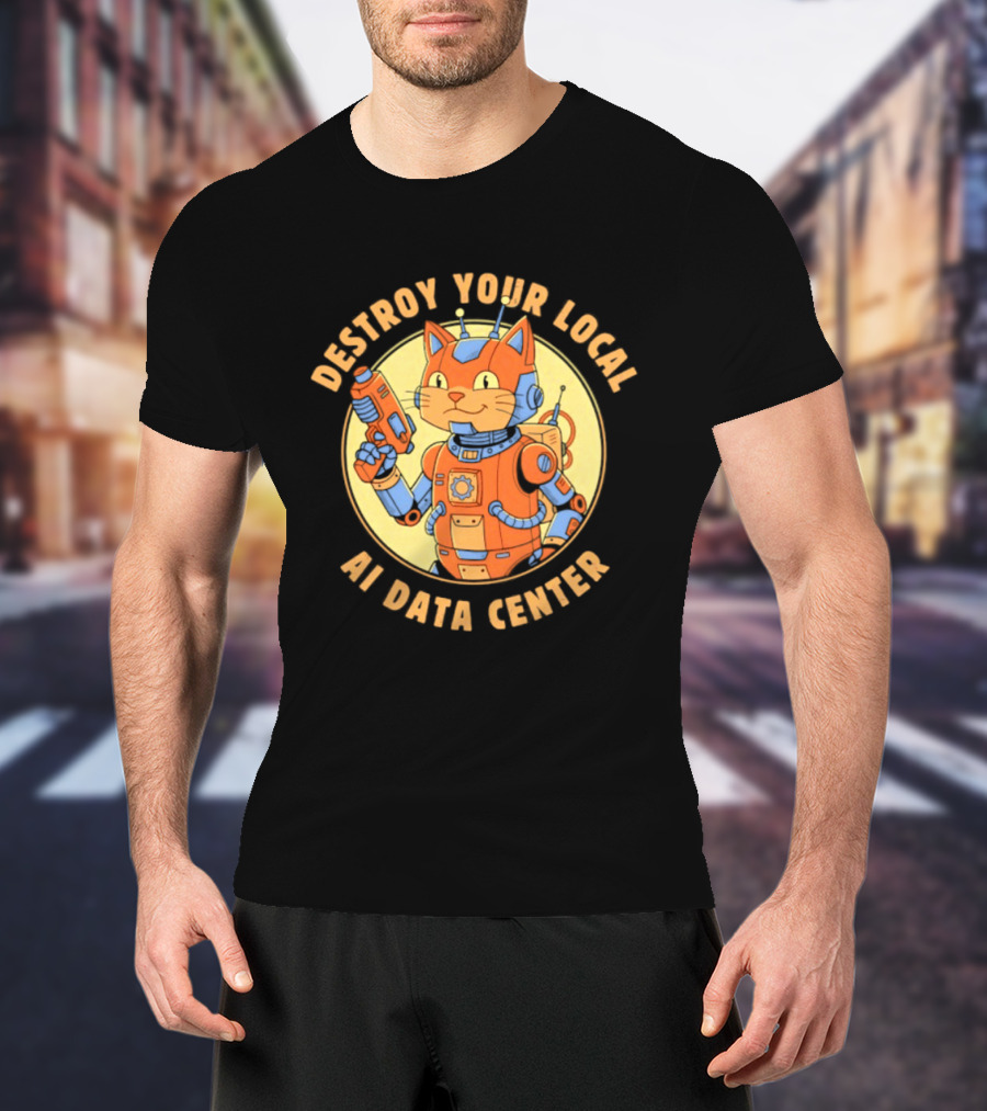 Destroy Your Local AI Data Center Robot Cat Retro Futuristic T-Shirt