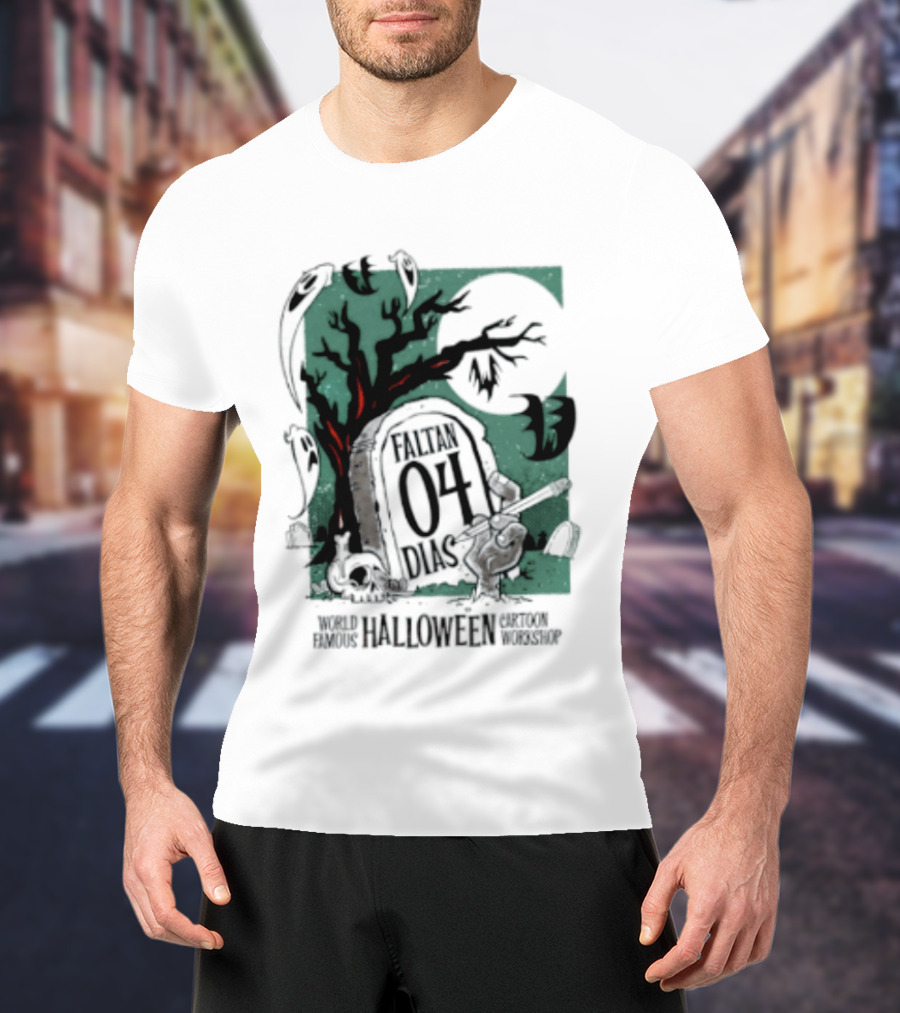 Faltan 04 Dias World Famous Halloween Cartoon Workshop Spooky Tree And Bats T-Shirt