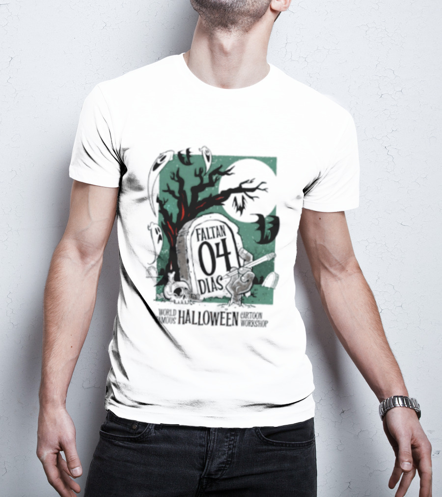 Faltan 04 Dias World Famous Halloween Cartoon Workshop Spooky Tree And Bats T-Shirt