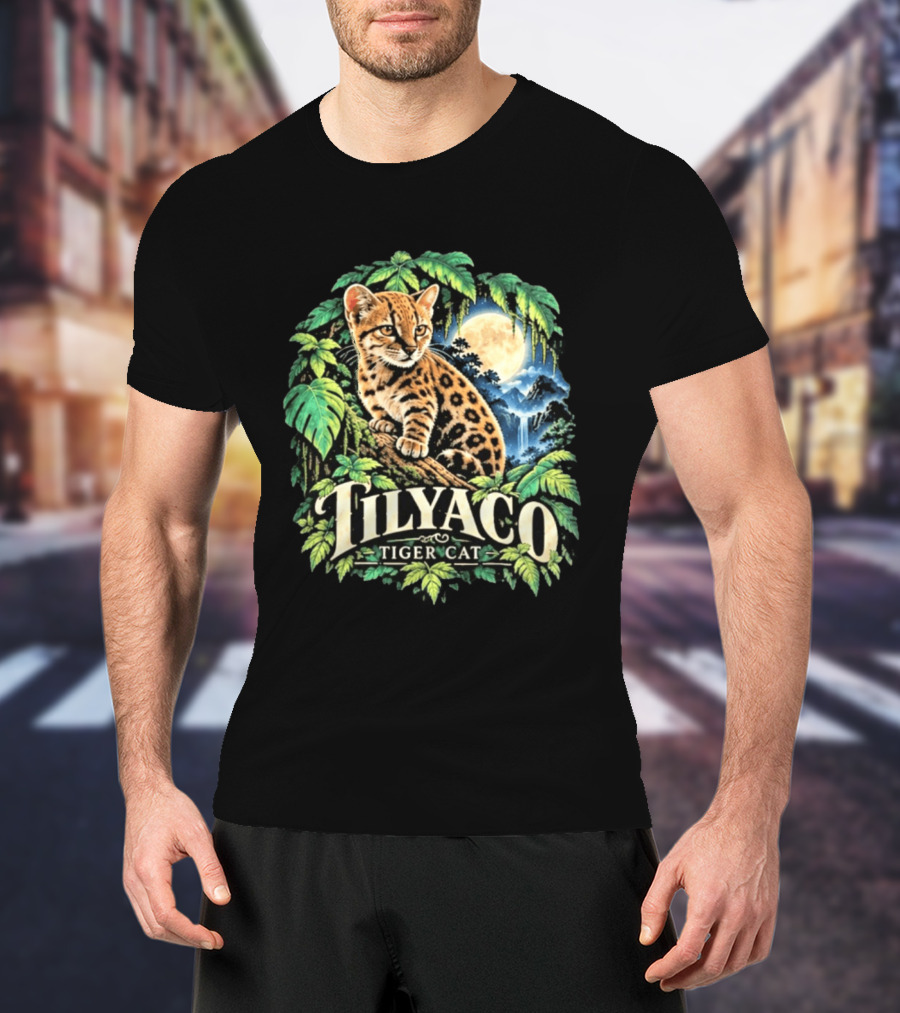 Tilyaco Tiger Cat Jungle Moonlit Scene T-Shirt