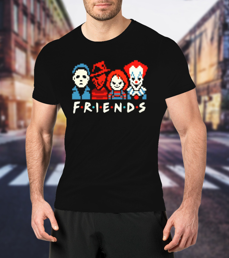 Friends Horror Movie Characters Pixel Art Michael Freddy Chucky Pennywise T-Shirt