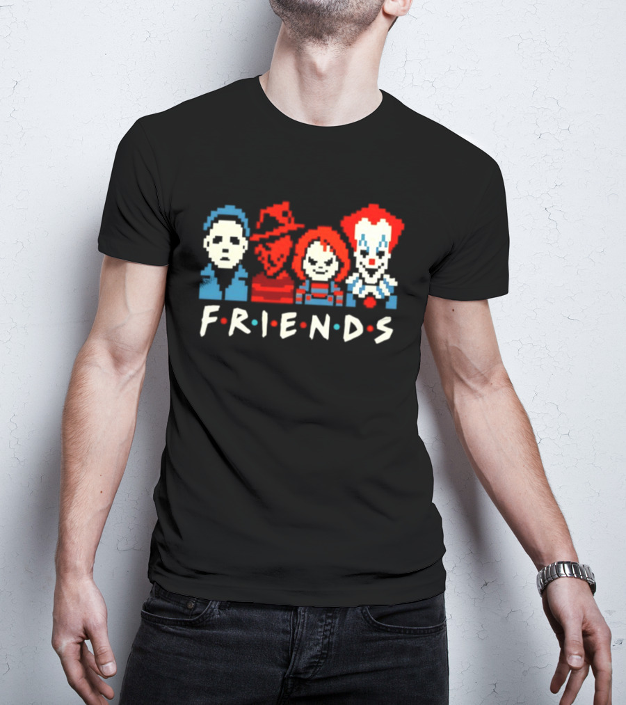 Friends Horror Movie Characters Pixel Art Michael Freddy Chucky Pennywise T-Shirt