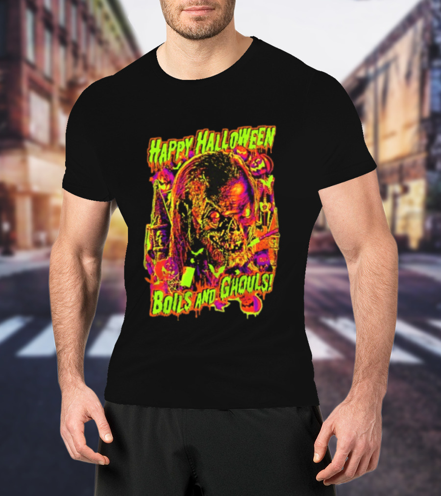 Happy Halloween Boils And Ghouls Horror Zombie Pumpkins Candles Spooky Scene T-Shirt