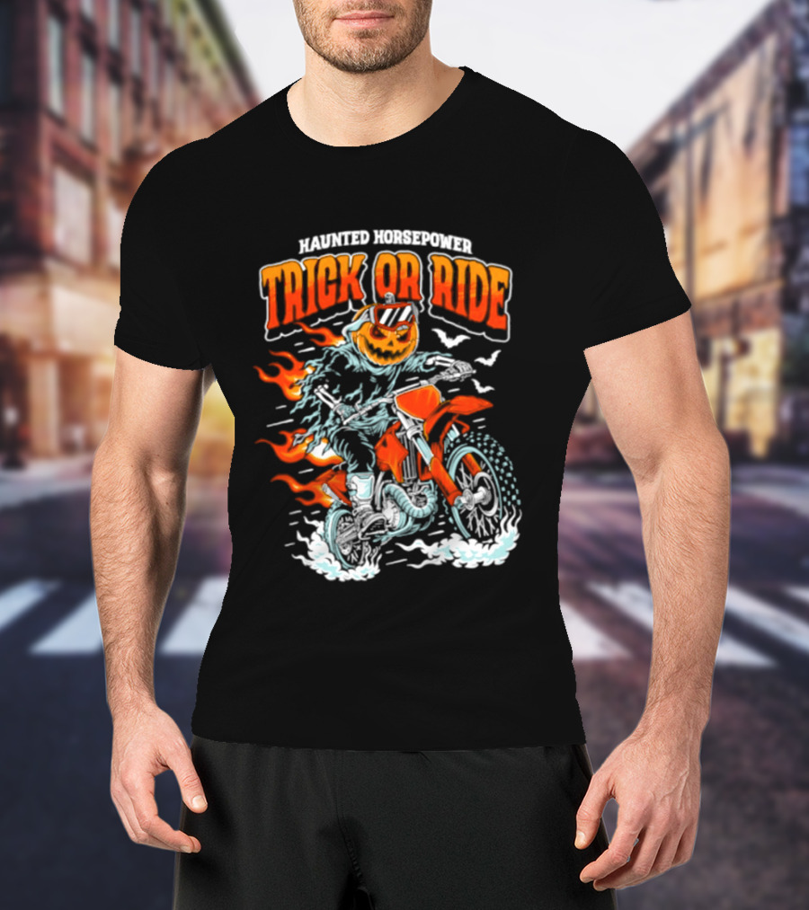 Haunted Horsepower Trick Or Ride Halloween Pumpkin Motorcycle Flames T-Shirt