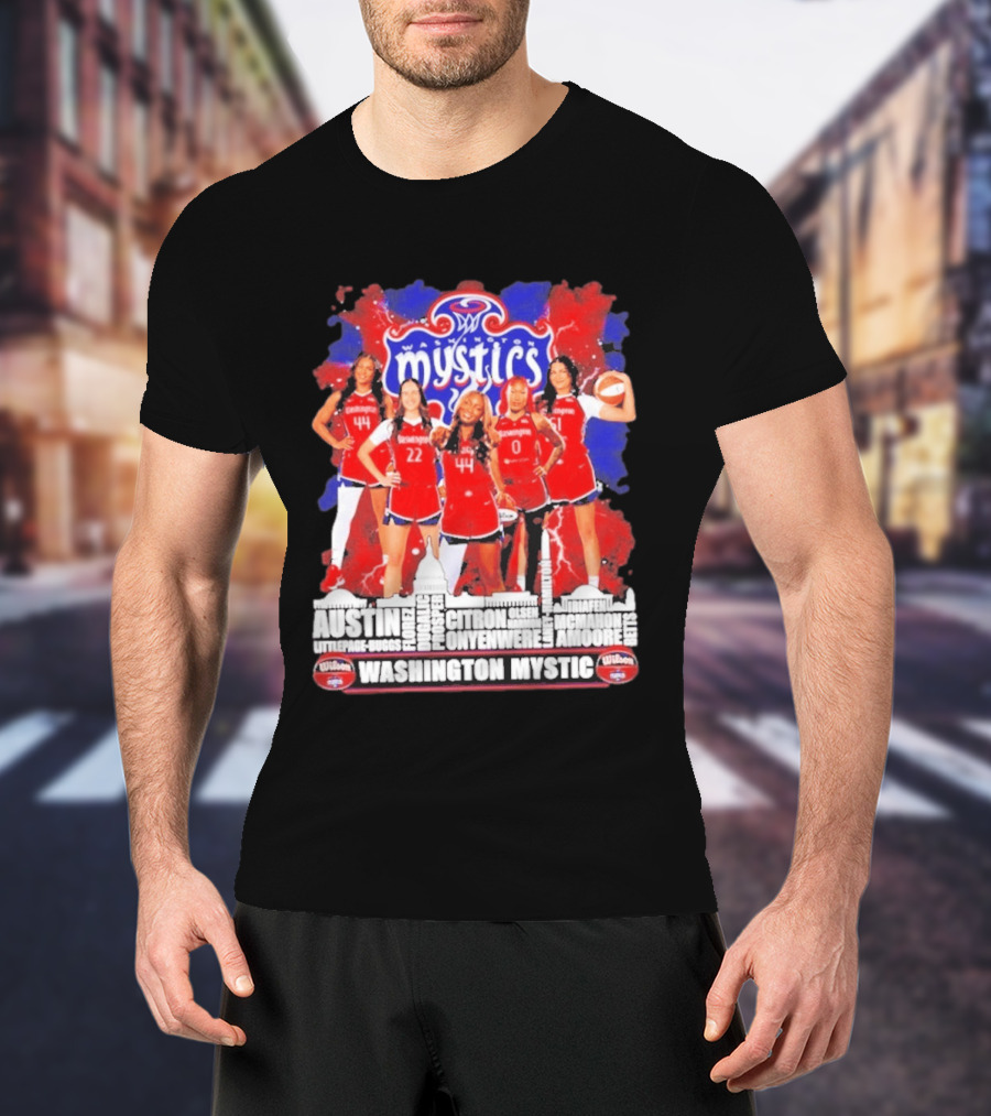 Washington Mystics Roster WNBA Basketball Skyline Austin Littlepage Buggs Poole Citron Onyenwere Amihere Olsen McMahon Amooore T-Shirt