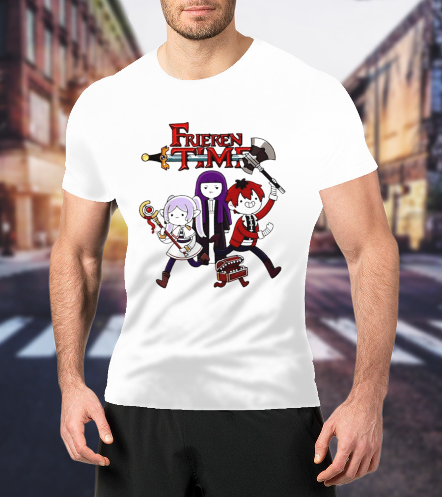 Frieren Time Adventure Time Anime Crossover Characters With Weapons And Staff T-Shirt